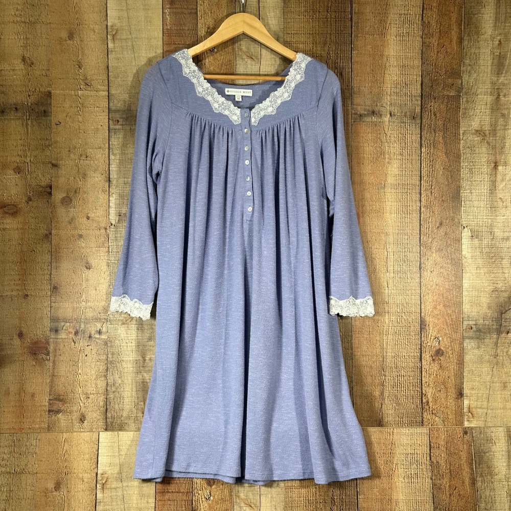Eileen West Blue Cottagecore Cozy Long Sleeve Nightgown Lace Medium Grandmacore
